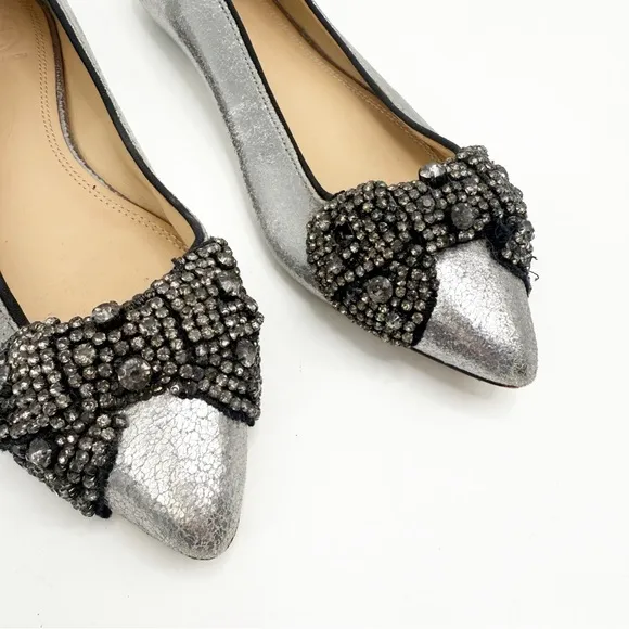 TORY BURCH Vanessa Silver Crackle Crystal Bow Slip On Flats Pointy Toe, Size 7M