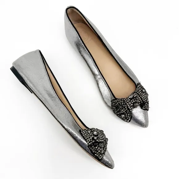 TORY BURCH Vanessa Silver Crackle Crystal Bow Slip On Flats Pointy Toe, Size 7M