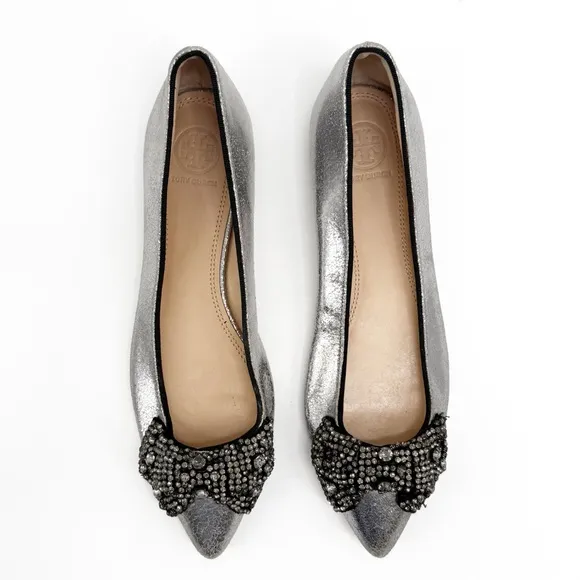 TORY BURCH Vanessa Silver Crackle Crystal Bow Slip On Flats Pointy Toe, Size 7M