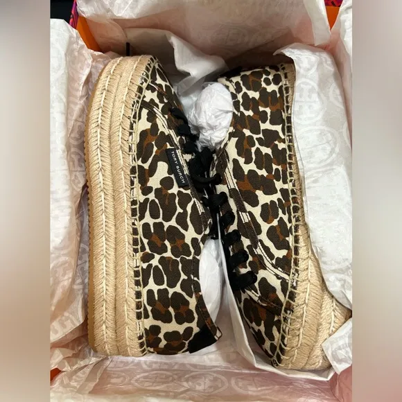 TORY BURCH Wo Seaside Leopard-Print Canvas Oxford Espadrilles size 7.5 New