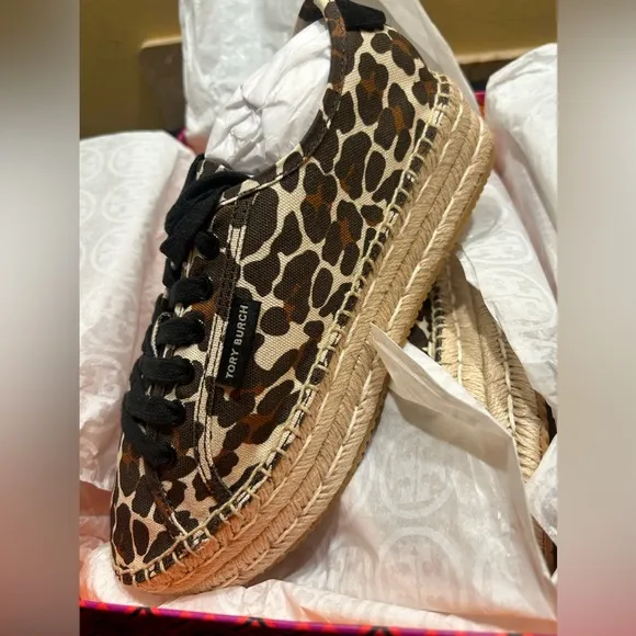 TORY BURCH Wo Seaside Leopard-Print Canvas Oxford Espadrilles size 7.5 New