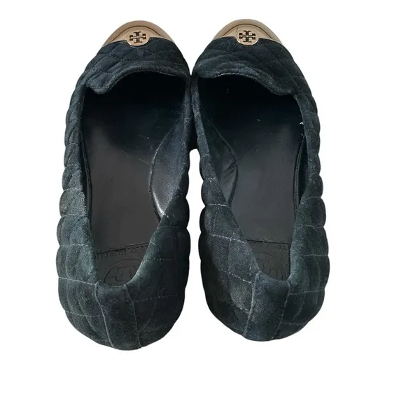 Tory burch women’s kaitlin black quilted suede smocking slipper ballet flats 9.5