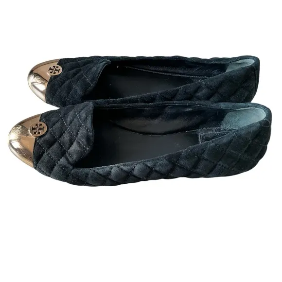 Tory burch women’s kaitlin black quilted suede smocking slipper ballet flats 9.5