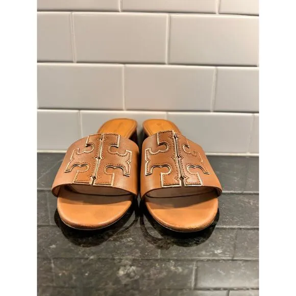 Tory Burch Women's Leather Ines Mule Sandals Block Heel Vacation Brown Size 8M