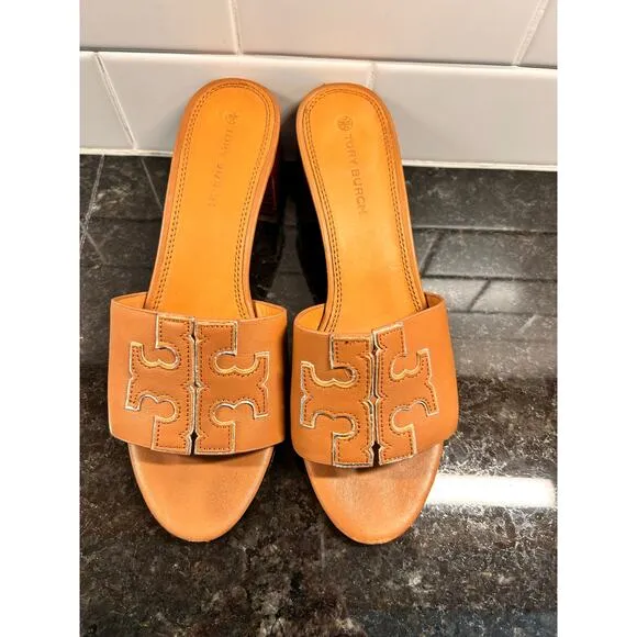 Tory Burch Women's Leather Ines Mule Sandals Block Heel Vacation Brown Size 8M