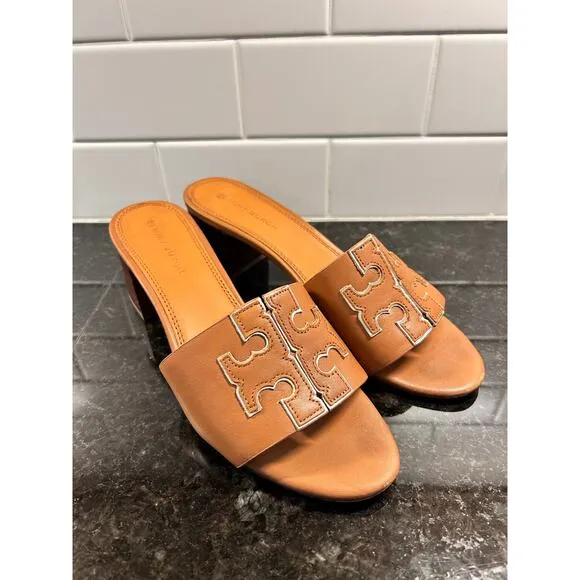 Tory Burch Women's Leather Ines Mule Sandals Block Heel Vacation Brown Size 8M
