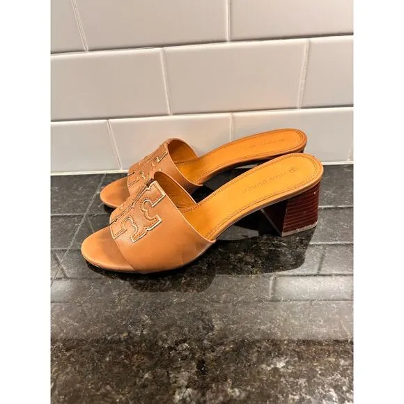 Tory Burch Women's Leather Ines Mule Sandals Block Heel Vacation Brown Size 8M