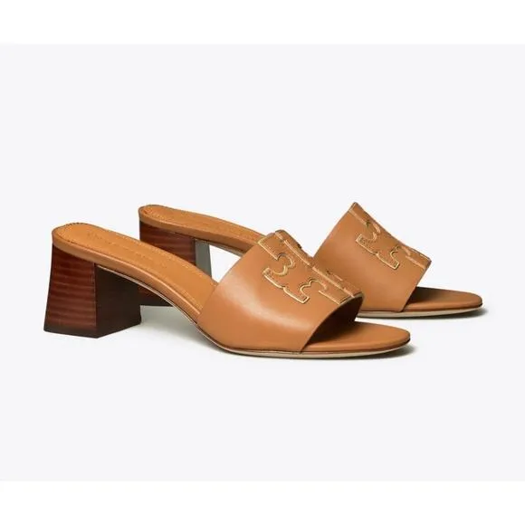 Tory Burch Women's Leather Ines Mule Sandals Block Heel Vacation Brown Size 8M