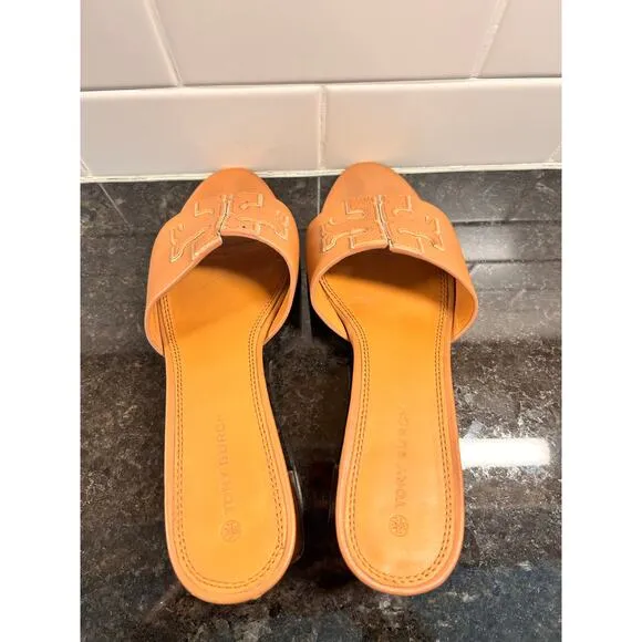 Tory Burch Women's Leather Ines Mule Sandals Block Heel Vacation Brown Size 8M