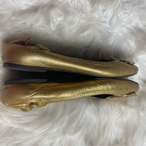 Tory Burch leather Gold slip on  flats round toe gold tone logo accent SZ9M