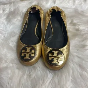 Tory Burch leather Gold slip on  flats round toe gold tone logo accent SZ9M
