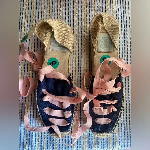 Tory Burch Womens Espadrilles  size 8 Navy /pink  Ankle Wrap Woven Natural NEW