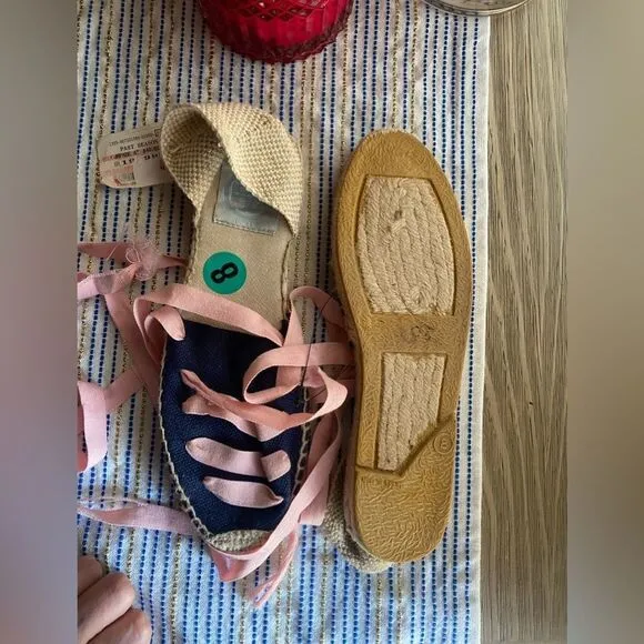 Tory Burch Womens Espadrilles  size 8 Navy /pink  Ankle Wrap Woven Natural NEW
