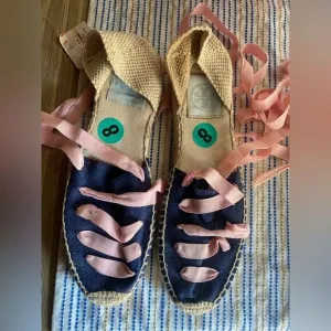 Tory Burch Womens Espadrilles  size 8 Navy /pink  Ankle Wrap Woven Natural NEW