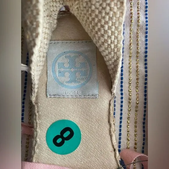 Tory Burch Womens Espadrilles  size 8 Navy /pink  Ankle Wrap Woven Natural NEW