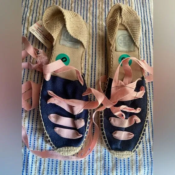 Tory Burch Womens Espadrilles  size 8 Navy /pink  Ankle Wrap Woven Natural NEW