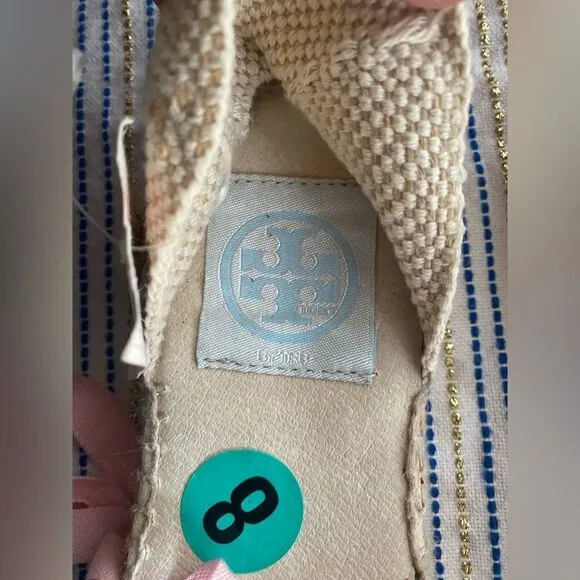 Tory Burch Womens Espadrilles  size 8 Navy /pink  Ankle Wrap Woven Natural NEW