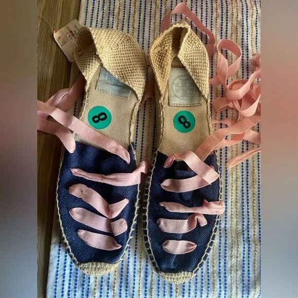 Tory Burch Womens Espadrilles  size 8 Navy /pink  Ankle Wrap Woven Natural NEW