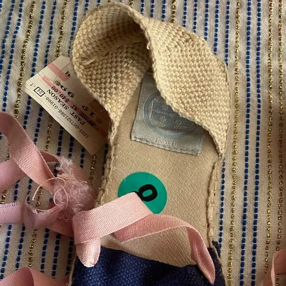 Tory Burch Womens Espadrilles  size 8 Navy /pink  Ankle Wrap Woven Natural NEW