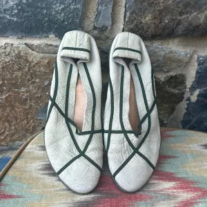 Trippen Low Cut Pebbled Leather Ballerina Flats in White/Green Size 40