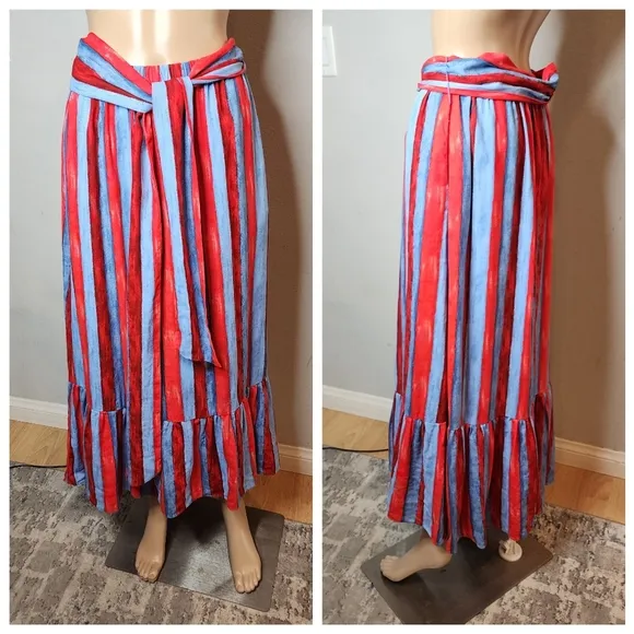 Tuckernuck Pomander Place Linen Painterly Red Blue Stripe Hampton PullOn Skirt M