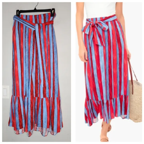 Tuckernuck Pomander Place Linen Painterly Red Blue Stripe Hampton PullOn Skirt M