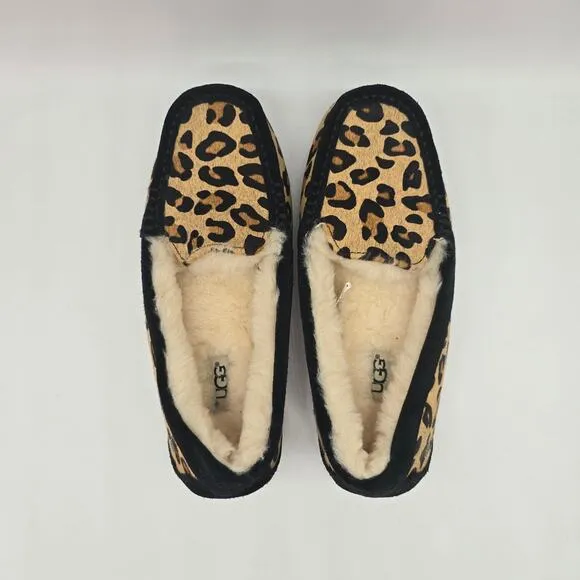 UGG Ansley Leopard Shearling Lined Moccasin Flats 7 Cozy Indoor Outdoor Comfort