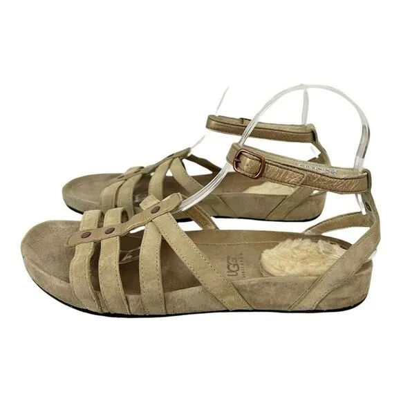 UGG Australia Size 8 Leather Suede Ankle Strap Cream Sandals Flats Shoes 1766