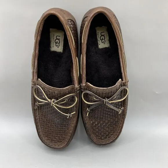 Ugg Chester Driving Moccasins Men Size 9 Brown Woven Leather Comfort Low Loafers