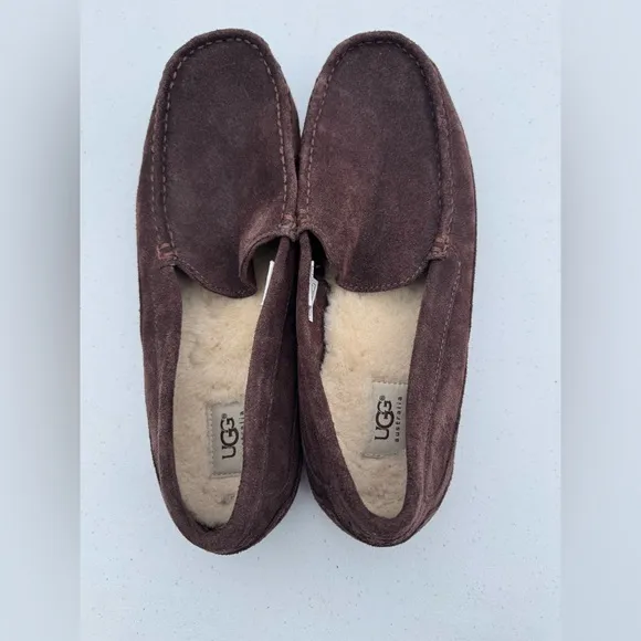 UGG MEN'S BROWN LEATHER SUEDE SLIP-ON LOAFERS DRIVING SHOES SIZE: 12 ascot