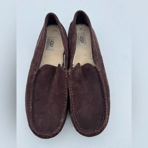 UGG MEN'S BROWN LEATHER SUEDE SLIP-ON LOAFERS DRIVING SHOES SIZE: 12 ascot