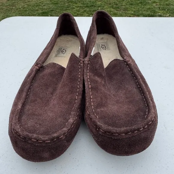 UGG MEN'S BROWN LEATHER SUEDE SLIP-ON LOAFERS DRIVING SHOES SIZE: 12 ascot