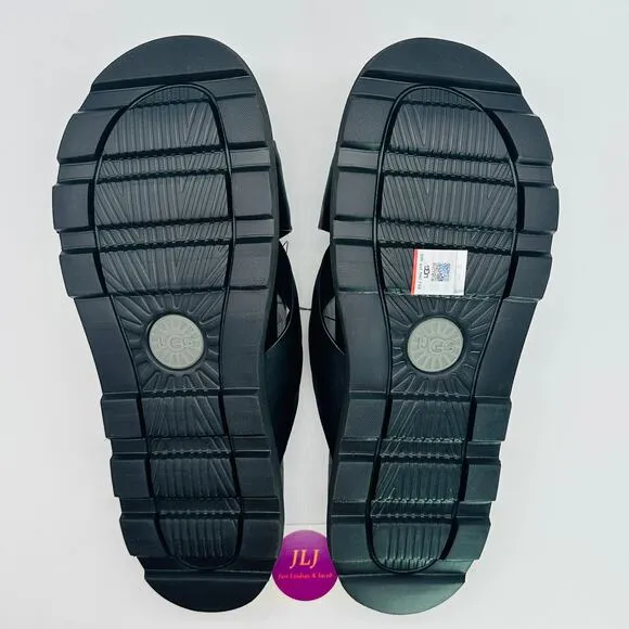 UGG Men's Capitola Cross Black Leather Lug Sole Slip On Slide Sandals Size 14