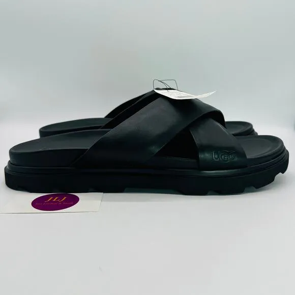 UGG Men's Capitola Cross Black Leather Lug Sole Slip On Slide Sandals Size 14