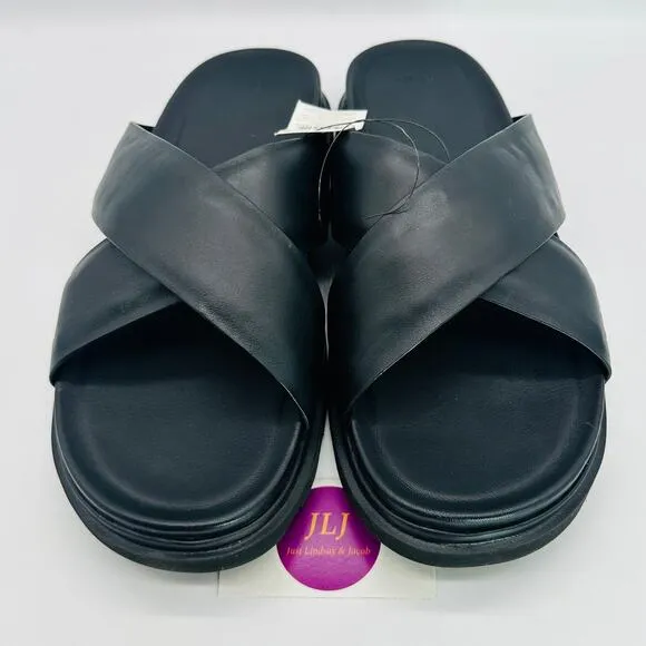 UGG Men's Capitola Cross Black Leather Lug Sole Slip On Slide Sandals Size 14