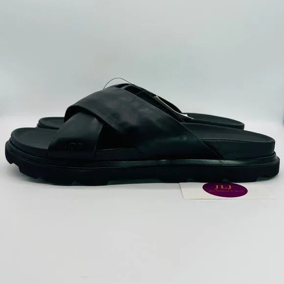 UGG Men's Capitola Cross Black Leather Lug Sole Slip On Slide Sandals Size 14