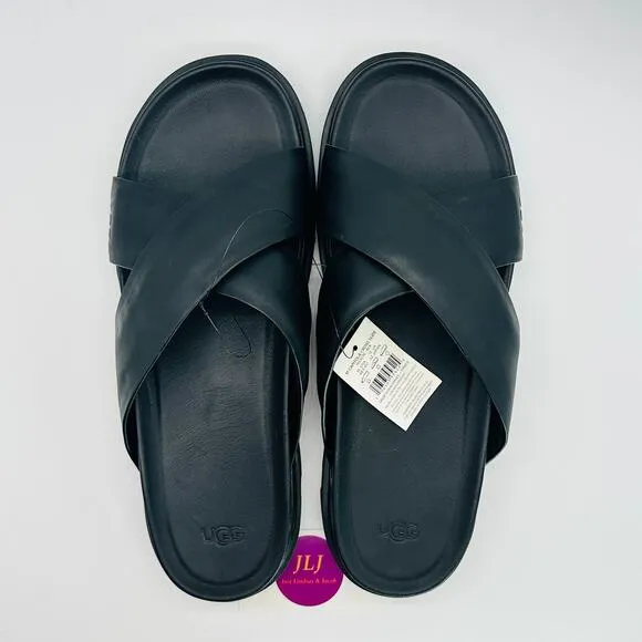 UGG Men's Capitola Cross Black Leather Lug Sole Slip On Slide Sandals Size 14