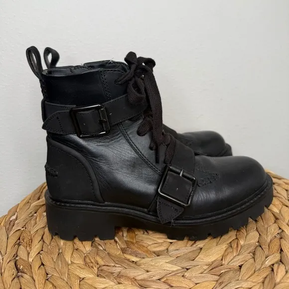 UGG Noe Boot Women’s Black Leather Lace Up Combat Boots moto Strappy Style