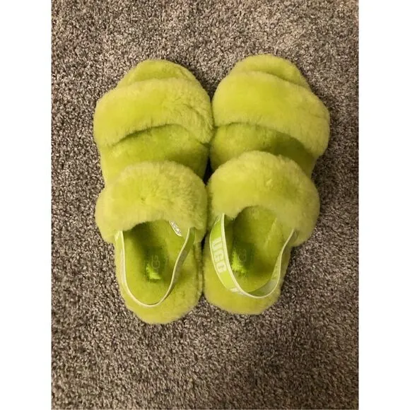 UGG oh yeah fluffy Slide Slipper Sandals Women’s Neon Green Size 5