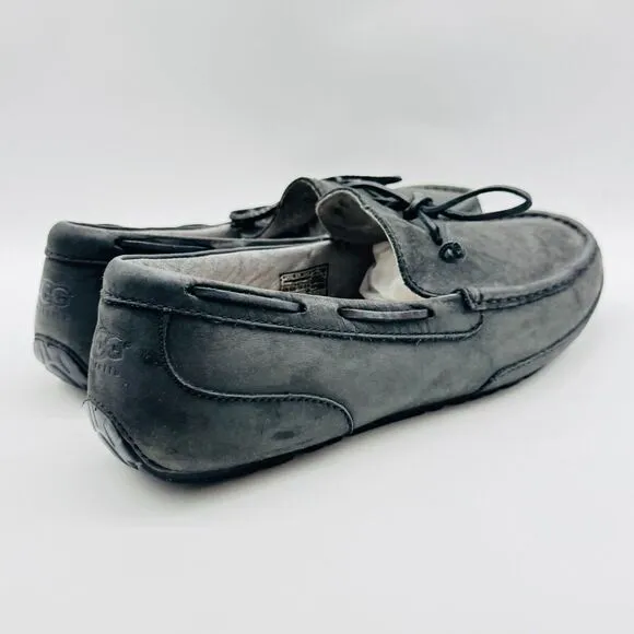 UGG Shoes Mens 12 Black Leather Loafers Chester Sherpa Lined Driving Slippers