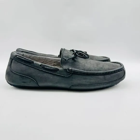 UGG Shoes Mens 12 Black Leather Loafers Chester Sherpa Lined Driving Slippers