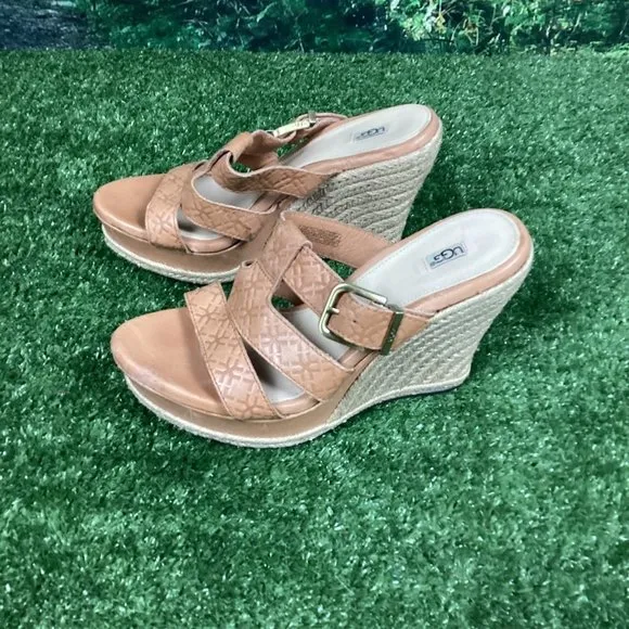 UGG Tan Leather Wedge Sandals 7.5