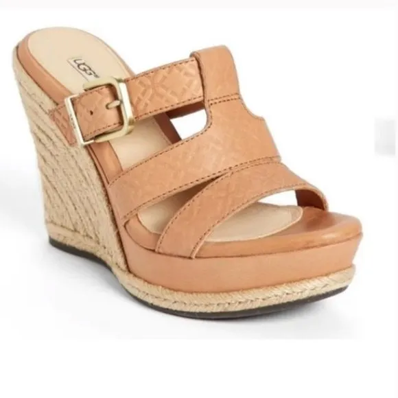 UGG Tan Leather Wedge Sandals 7.5