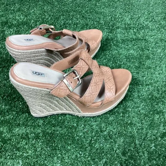 UGG Tan Leather Wedge Sandals 7.5