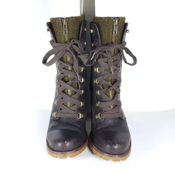 UGG Women's Fabrice US9 Brown Leather Wool Heel Lace-Up Zip Combat Boots