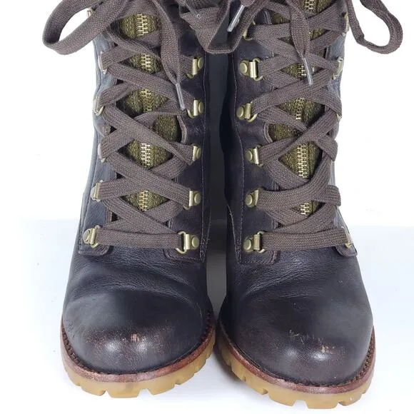 UGG Women's Fabrice US9 Brown Leather Wool Heel Lace-Up Zip Combat Boots