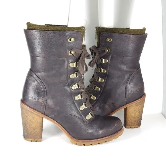 UGG Women's Fabrice US9 Brown Leather Wool Heel Lace-Up Zip Combat Boots