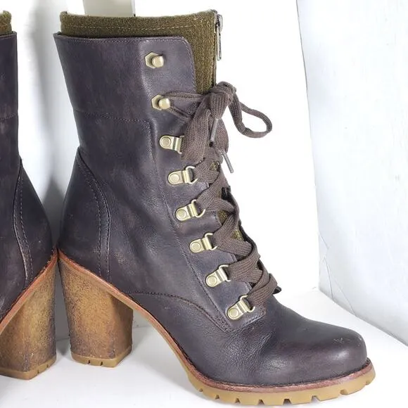 UGG Women's Fabrice US9 Brown Leather Wool Heel Lace-Up Zip Combat Boots