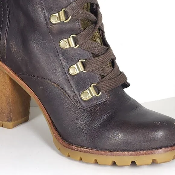 UGG Women's Fabrice US9 Brown Leather Wool Heel Lace-Up Zip Combat Boots