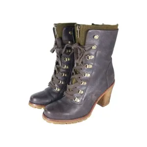 UGG Women's Fabrice US9 Brown Leather Wool Heel Lace-Up Zip Combat Boots